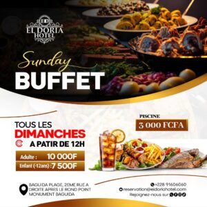 Rejoignez-nous chaque dimanche à partir de 12h pour notre buffet exceptionnel. Tarif : 10.000 FCFA par adulte et 7.500 FCFA par enfant. Profitez également de notre piscine à 3000 par personne . Ne manquez pas cette occasion de détente et de plaisir en famille chaque dimanche !